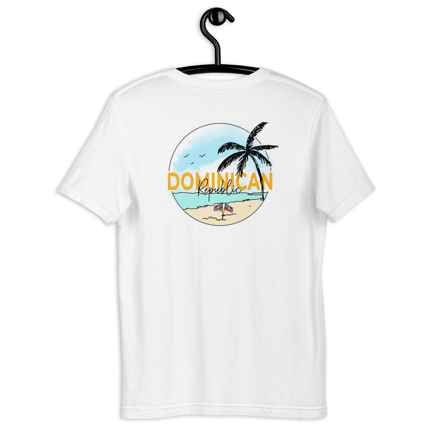 On the back, there is a serene beach scene with a palm tree, sun, and Dominican flags, all surrounding the words 'Dominican Republic.' Expresses Caribbean vibes and cultural pride.