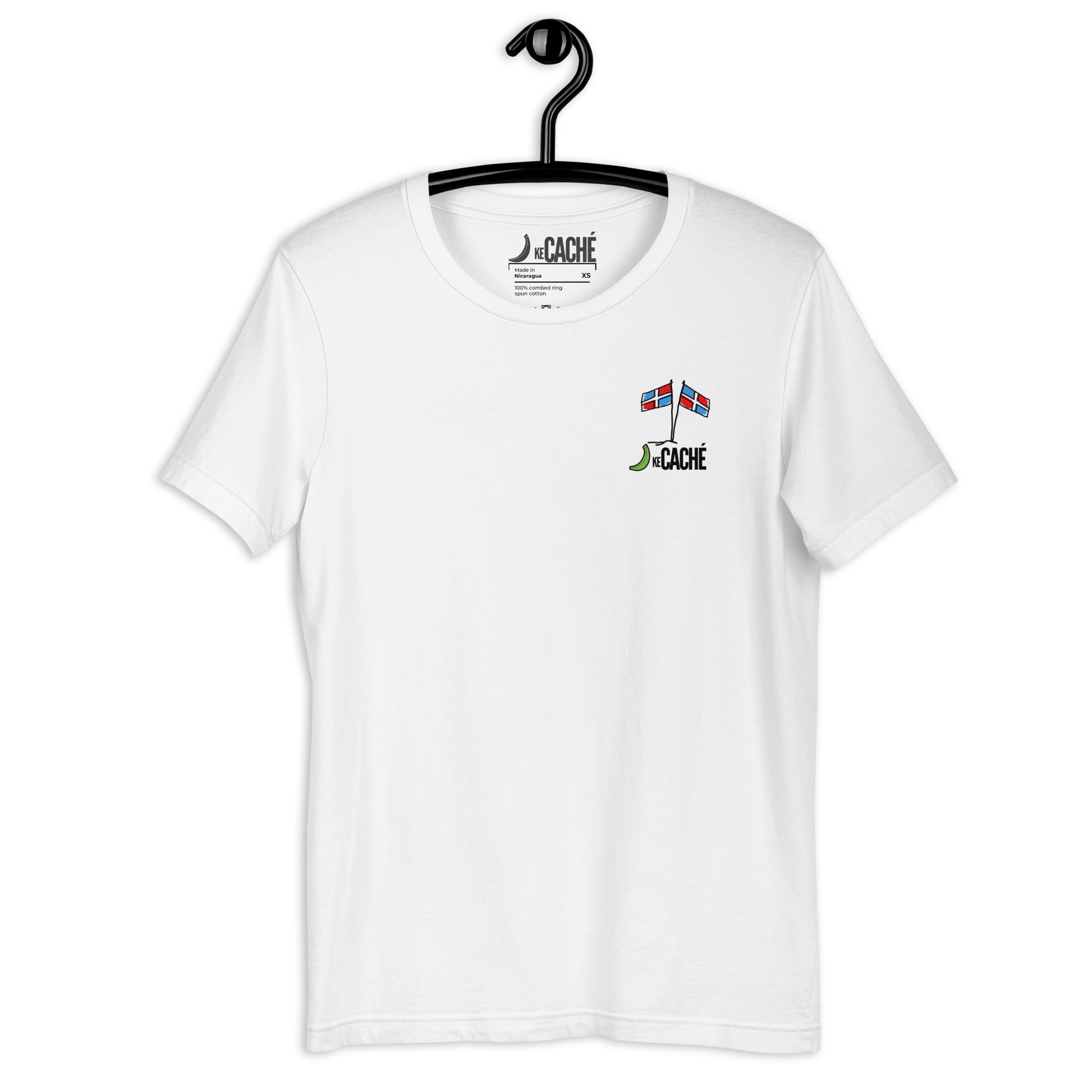 White tee with Dominican flag and KeCaché logo on the front.