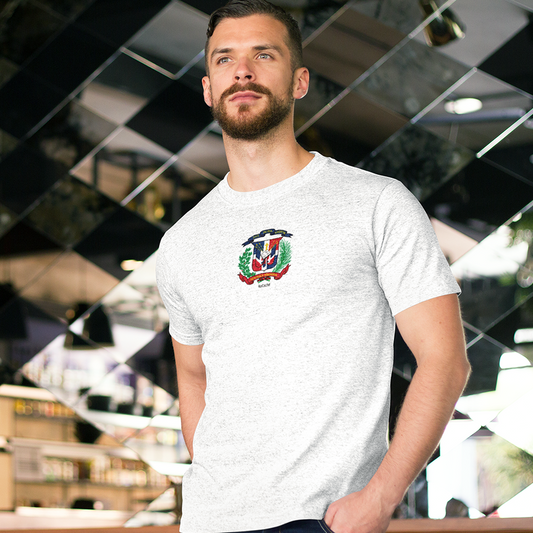 Dominican Republic Flag Shield T-Shirt - A patriotic design showcasing the flag and shield of the Dominican Republic. Show your pride and represent your heritage with this stylish and meaningful t-shirt.